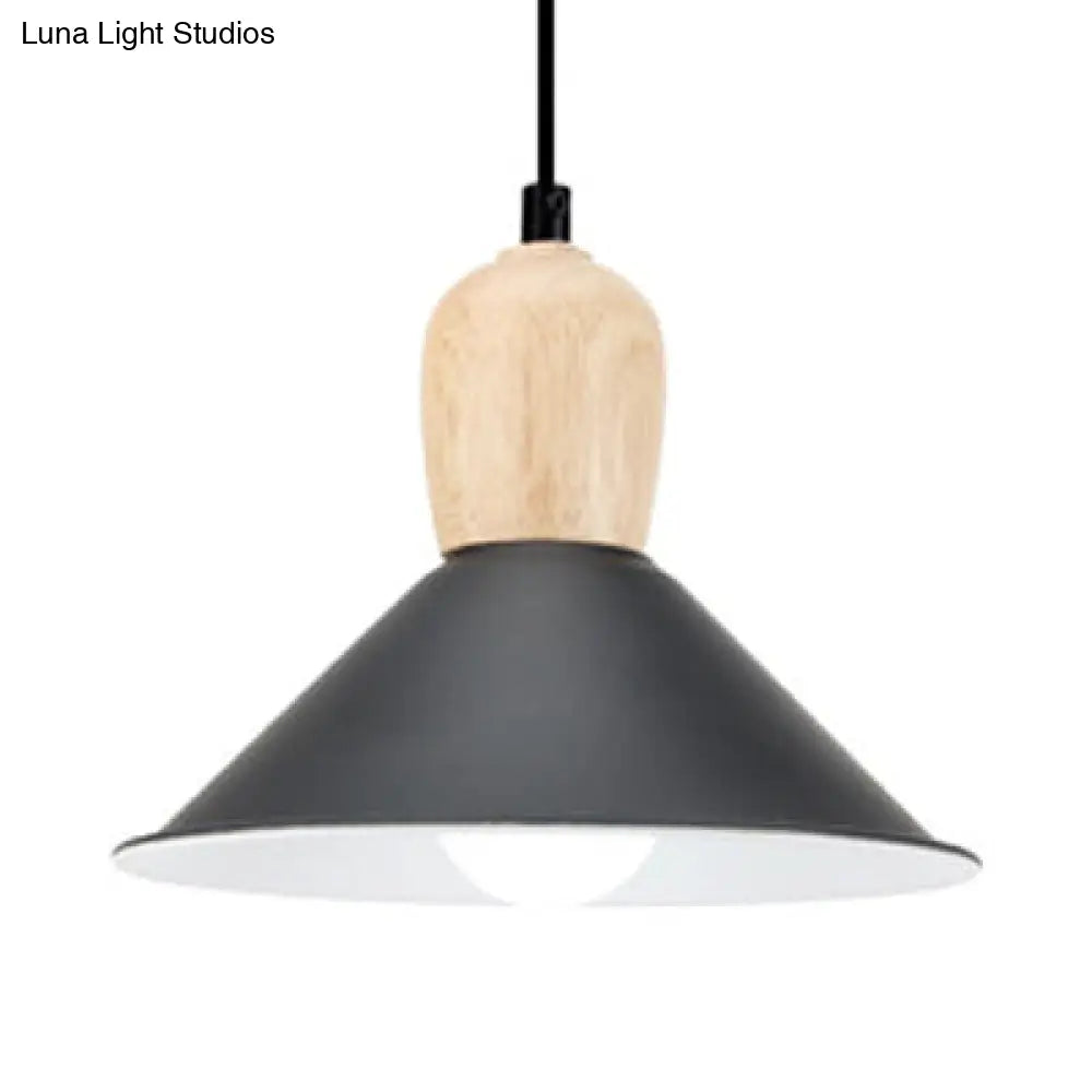 Metal Cone Pendant Light With Wooden Bulb Base - Nordic Style 1 Head Hanging For Office Black