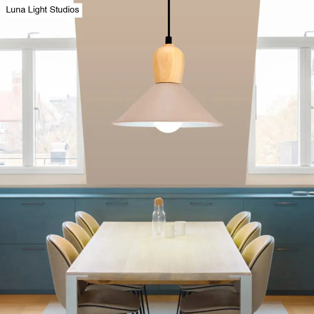 Metal Cone Pendant Light With Wooden Bulb Base - Nordic Style 1 Head Hanging For Office