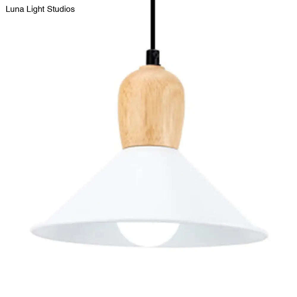 Metal Cone Pendant Light With Wooden Bulb Base - Nordic Style 1 Head Hanging For Office White