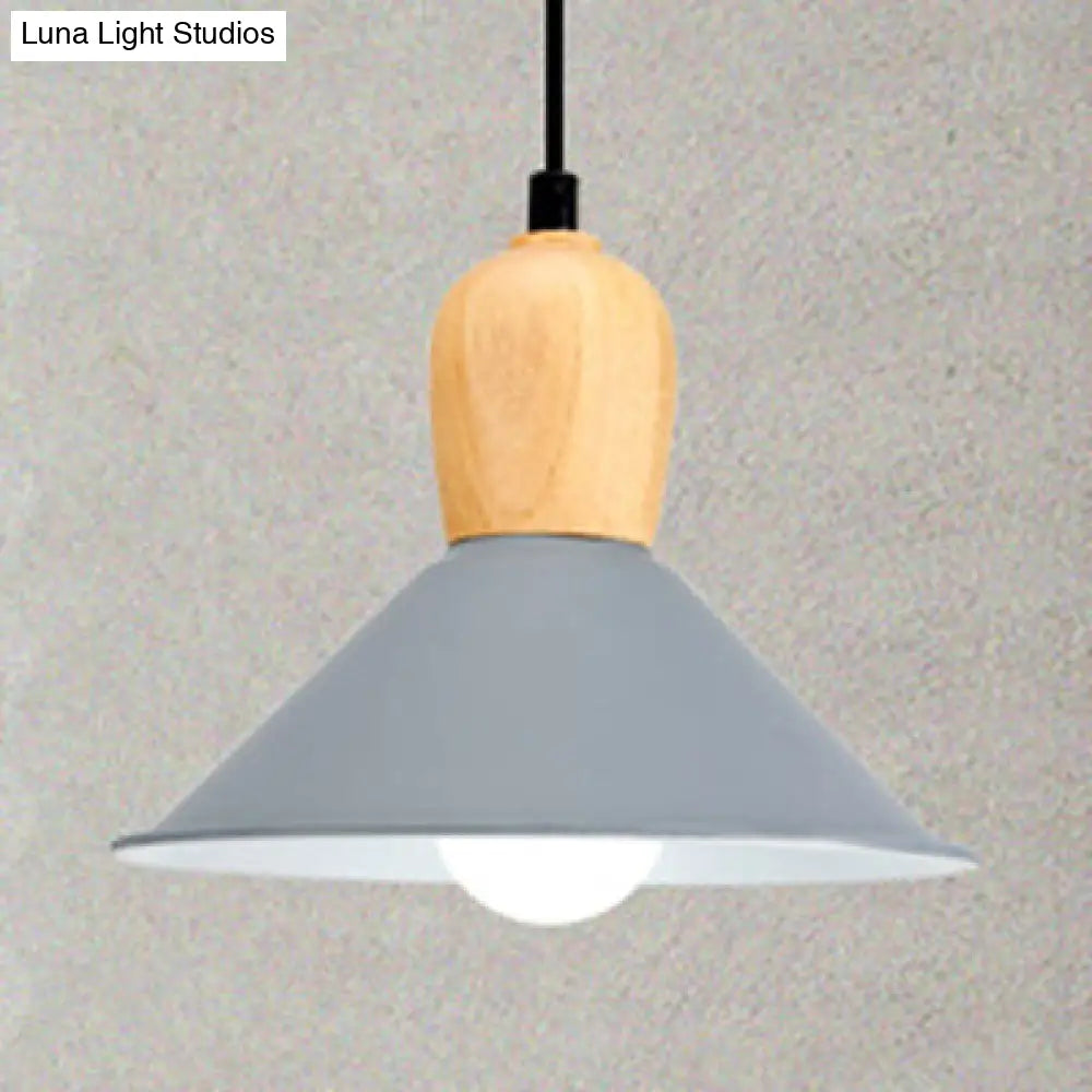 Metal Cone Pendant Light With Wooden Bulb Base - Nordic Style 1 Head Hanging For Office Grey