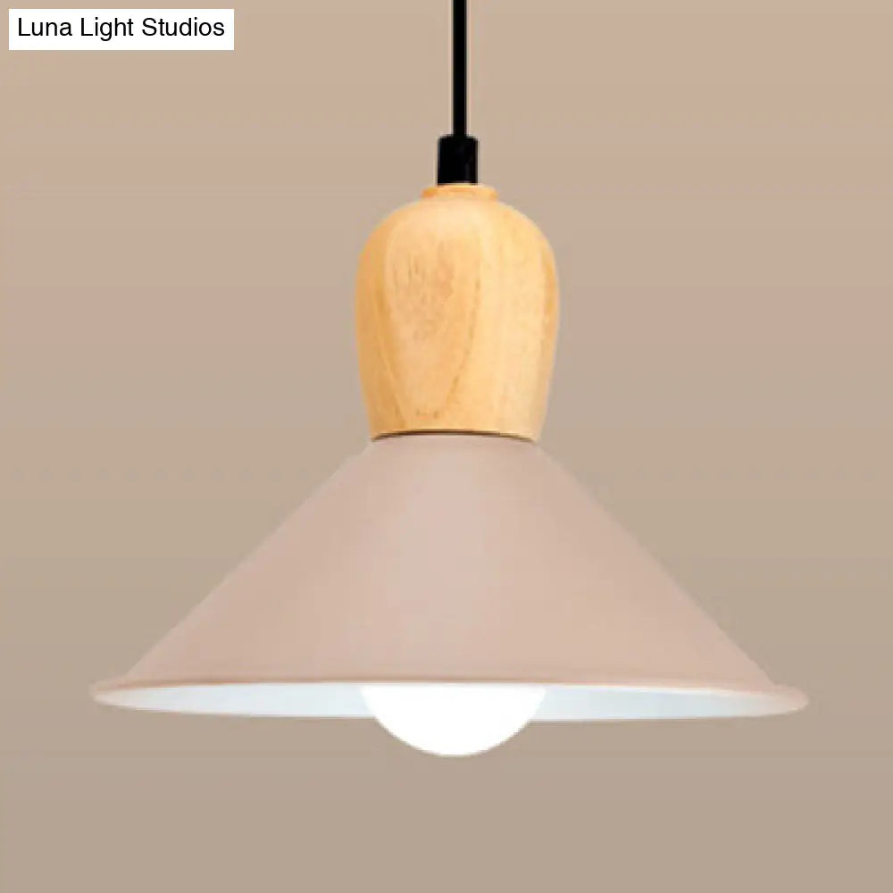 Metal Cone Pendant Light With Wooden Bulb Base - Nordic Style 1 Head Hanging For Office Coffee