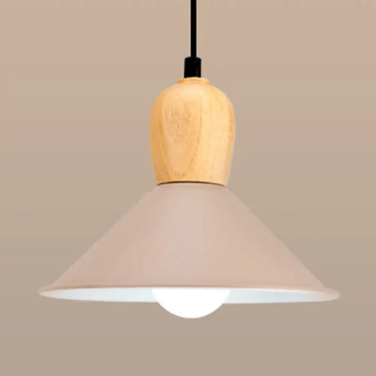 Nordic Style Metal Cone Pendant Light With Wooden Bulb Base For Office - 1 Head Hanging Coffee