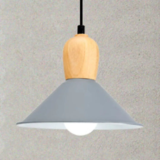 Nordic Style Metal Cone Pendant Light With Wooden Bulb Base For Office - 1 Head Hanging Grey