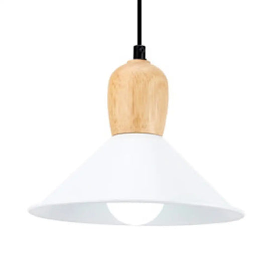 Nordic Style Metal Cone Pendant Light With Wooden Bulb Base For Office - 1 Head Hanging White