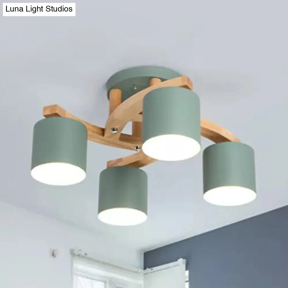 Nordic Style Metal Cylinder Ceiling Lamp With 4 Green Lights - Semi Flushmount