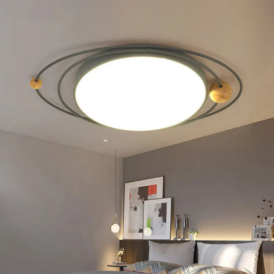 Nordic Style Metal Led Flush Ceiling Light - Drum Lamp With Orbit Design In Green/Grey/White