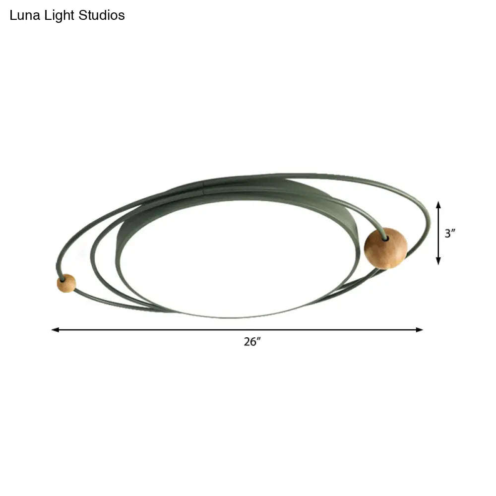 Nordic Style Metal Led Flush Ceiling Light - Drum Lamp With Orbit Design In Green/Grey/White