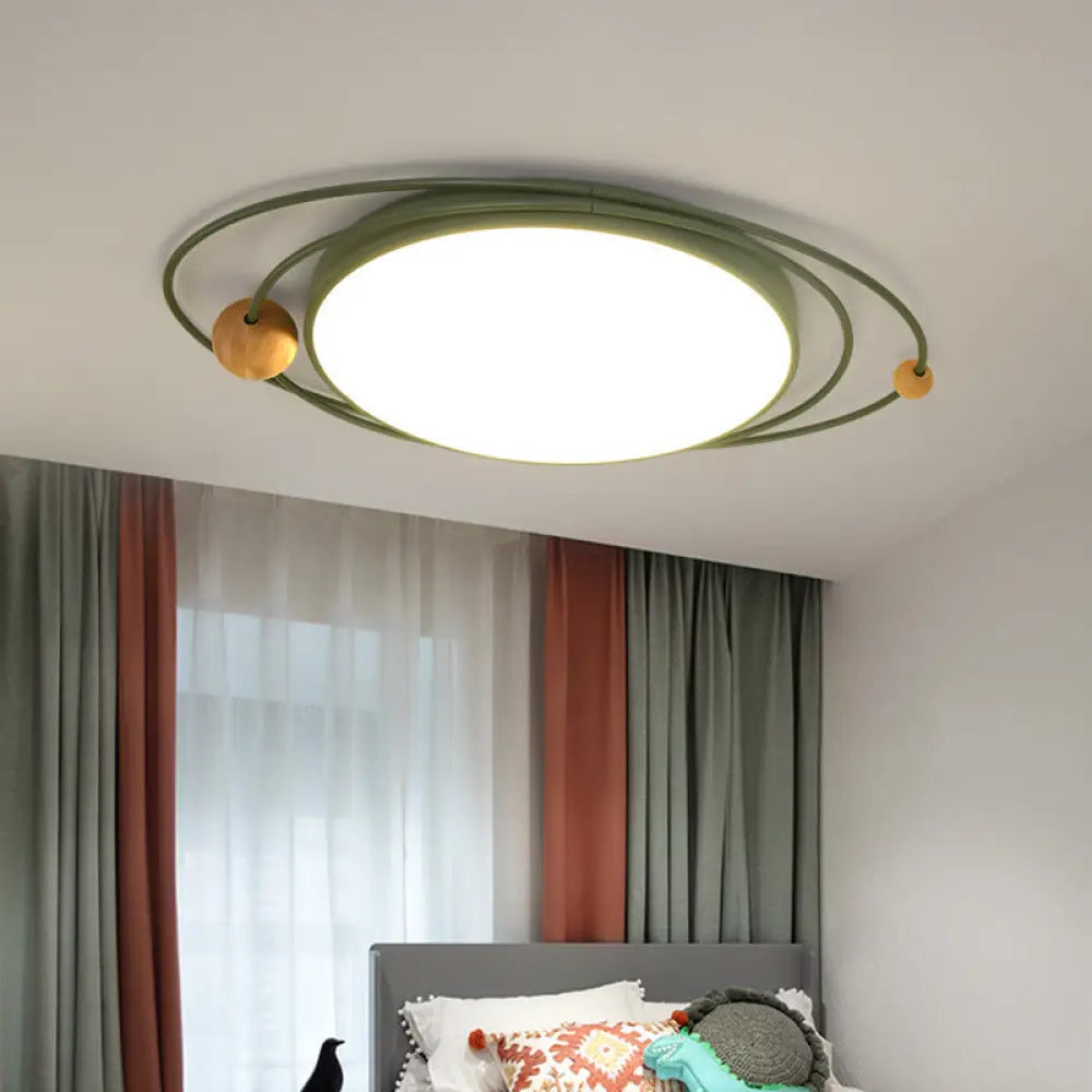 Nordic Style Metal Led Flush Ceiling Light - Drum Lamp With Orbit Design In Green/Grey/White