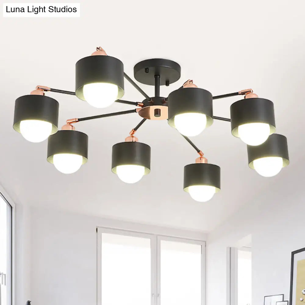 Nordic Style Metal Semi Flush Ceiling Light (3/6/8 Lights) - Black/White 8 / Black