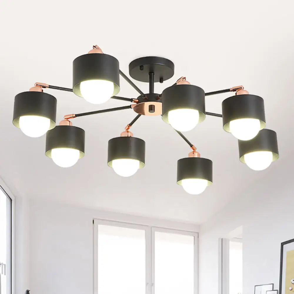 Nordic Style Metal Semi Flush Ceiling Light (3/6/8 Lights) - Black/White 8 / Black