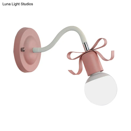 Nordic Style Metal Wall Lamp With Bow For Kindergarten - Single Head Bare Bulb Design