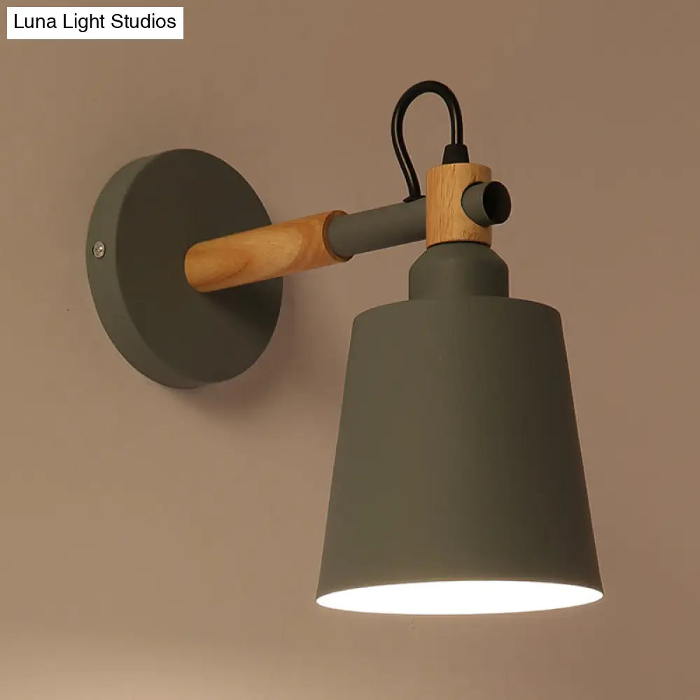 Nordic Style Metal Wall Sconce Lamp - Bucket Bedside Light With Wood Accents In Green