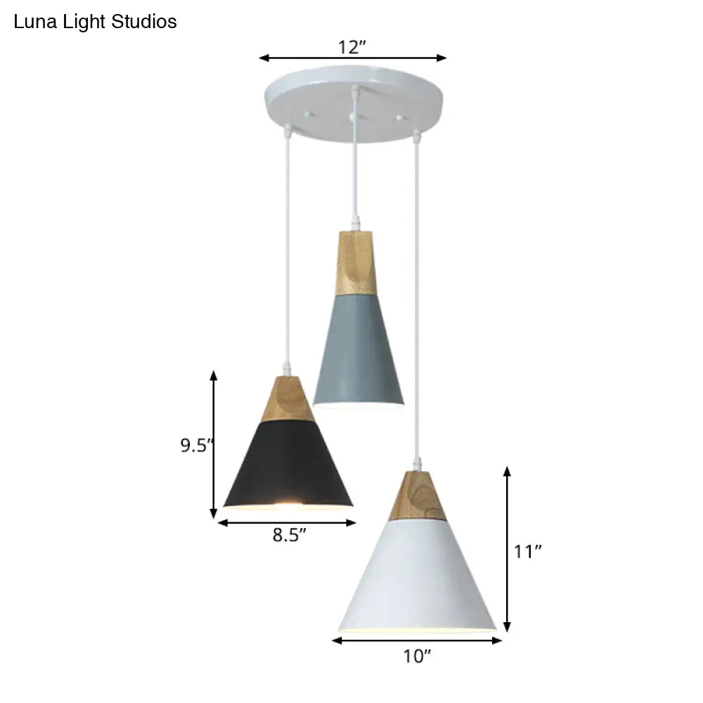 Nordic Style Metal & Wood Hanging Pendant Light With 3 Multi-Colored Bulbs