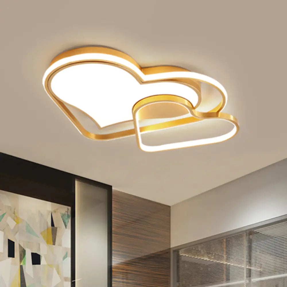 Nordic Style Metallic Led Gold Flush Mount Lamp With Dual Loving Heart Design