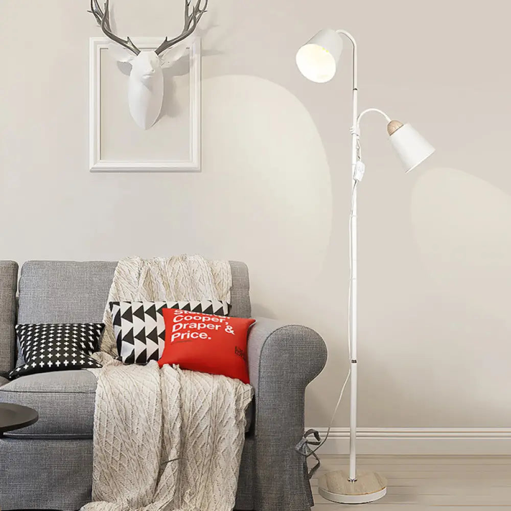 Nordic Style Metallic Standing Floor Lamp For Study Room - White Trumpet-Like Design 2 Bulbs