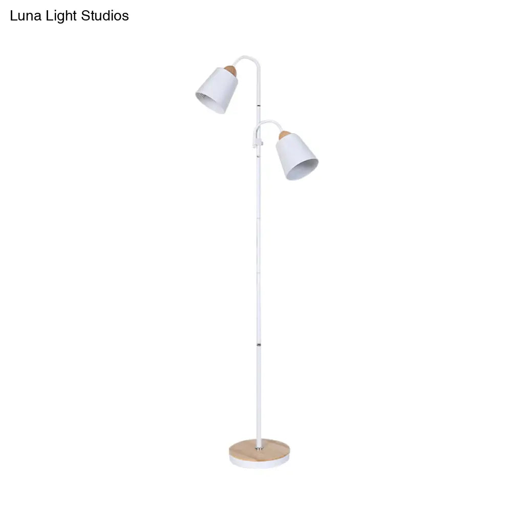 Nordic Style Metallic Standing Floor Lamp For Study Room - White Trumpet-Like Design 2 Bulbs