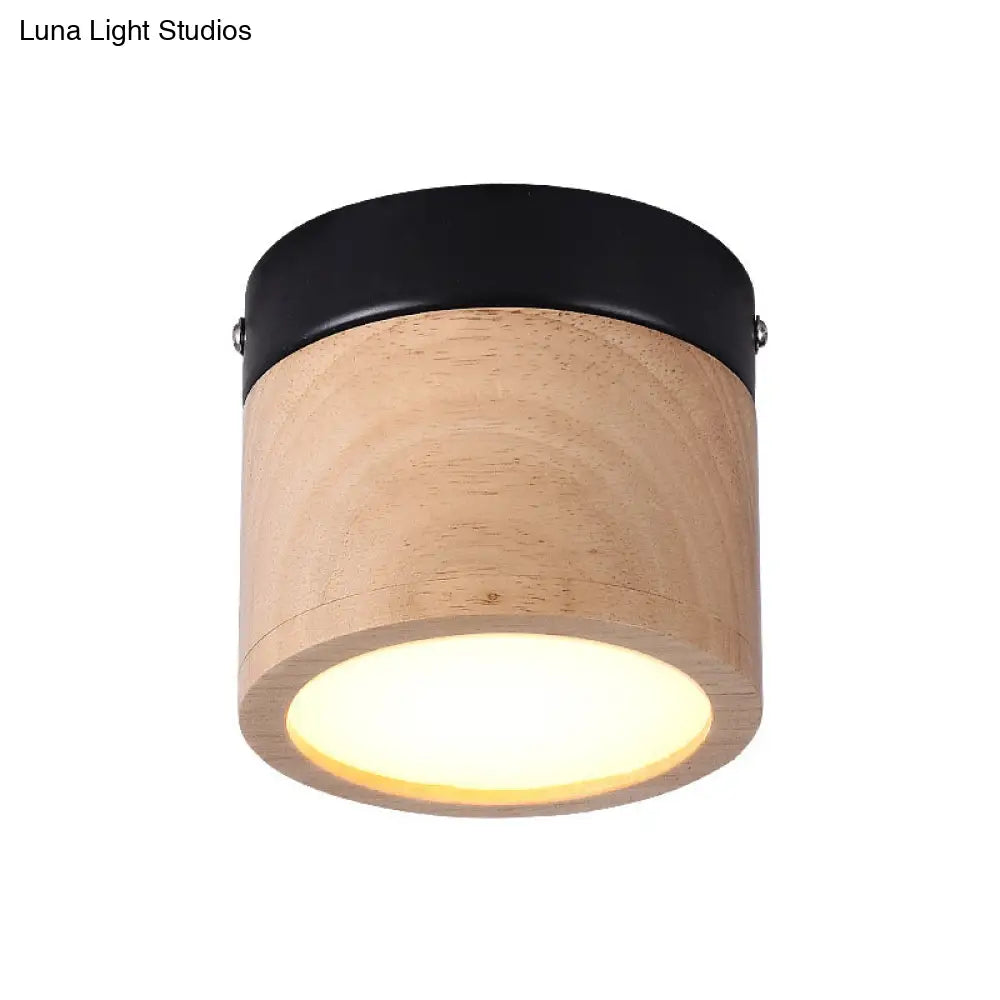 Nordic Style Mini Led Ceiling Lamp - Black And Beige Flush Foyer Light With Wood Shade