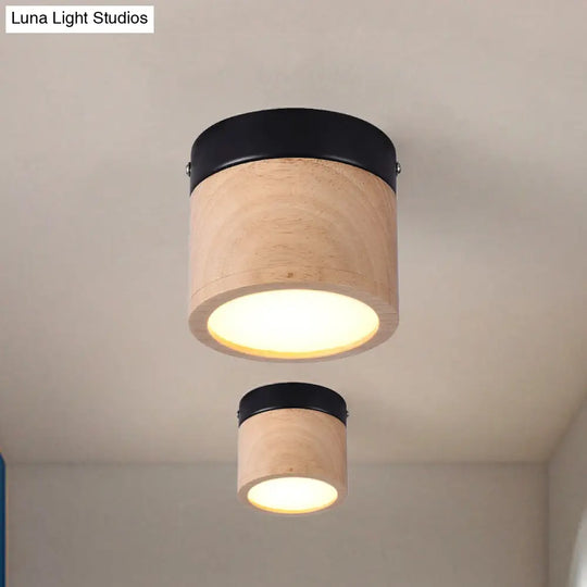 Nordic Style Mini Led Ceiling Lamp - Black And Beige Flush Foyer Light With Wood Shade