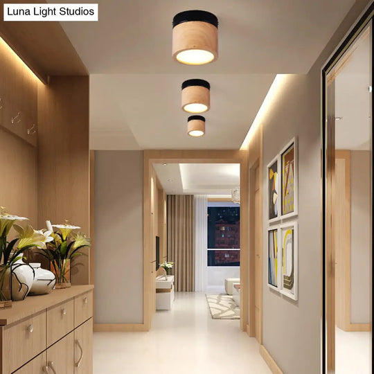 Nordic Style Mini Led Ceiling Lamp - Black And Beige Flush Foyer Light With Wood Shade