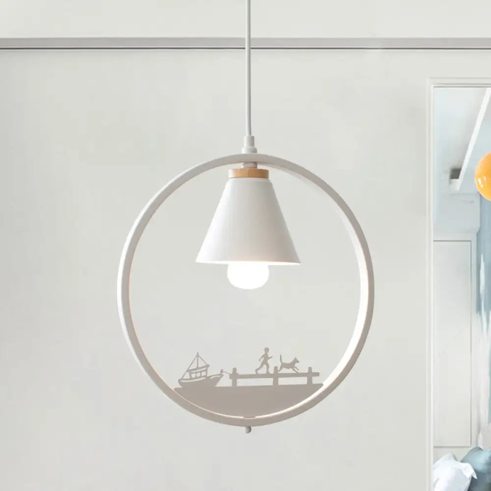 Nordic Style Pendant Lamp With Iron Cone Shade & Paper Cutting Decoration- Black/White 1 Bulb White