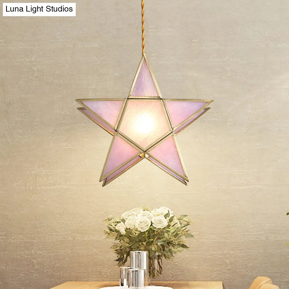 Nordic Style Pink Water Glass Pendant Lamp With Pentacle Design And Brass Finish