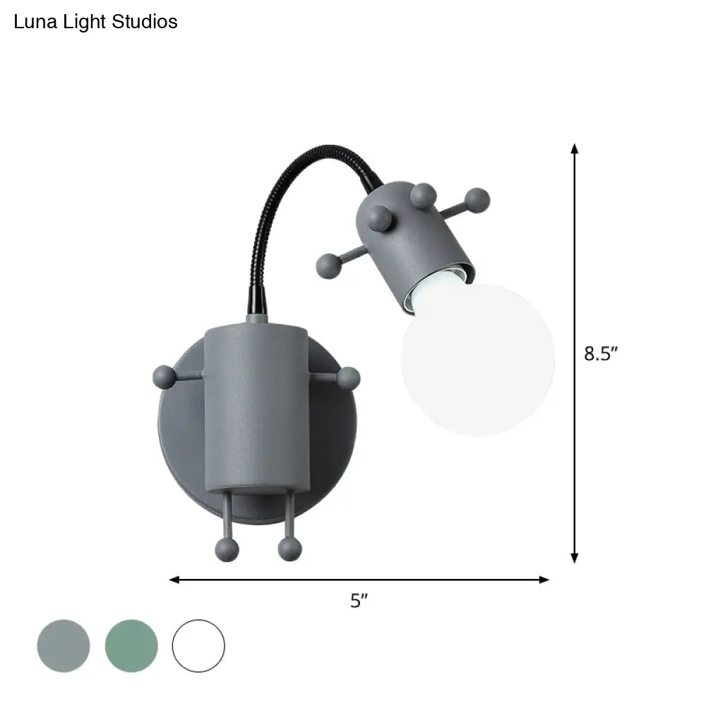 Nordic Style Robot Wall Mount Lamp - Metal Swing Arm Light With Grey/White/Green Shade