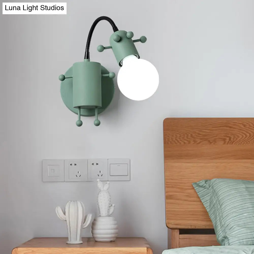 Nordic Style Robot Wall Mount Lamp - Metal Swing Arm Light With Grey/White/Green Shade