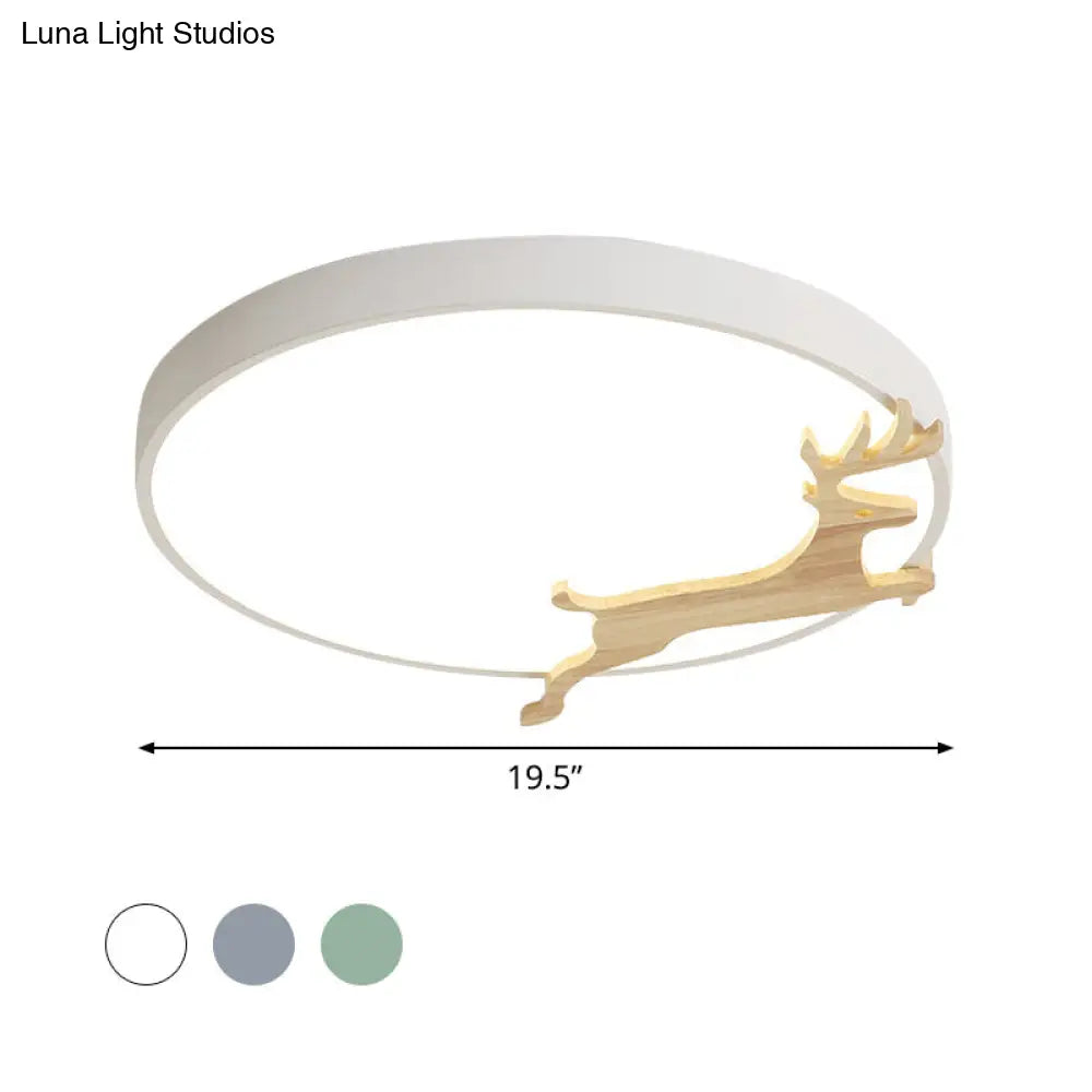 Nordic Style Round Flush Light With Running Deer Pattern - Acrylic Grey/White/Green & Wood Led
