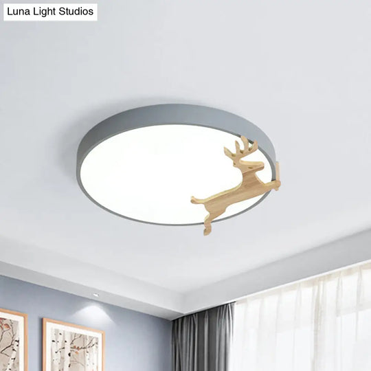 Nordic Style Round Flush Light With Running Deer Pattern - Acrylic Grey/White/Green & Wood Led