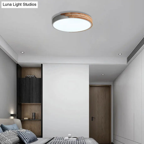 Nordic Style Round Flush Mount Ceiling Light - Wood & Acrylic Fixture In Grey/White/Green 16 Width