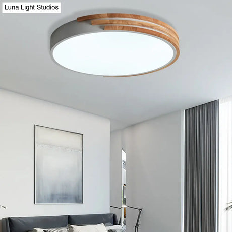 Nordic Style Round Flush Mount Ceiling Light - Wood & Acrylic Fixture In Grey/White/Green 16 Width