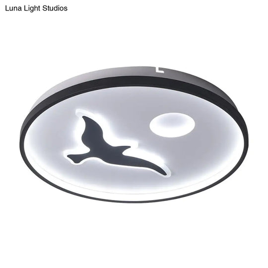 Nordic Style Rounded Metal Flush Light - Led Black Mount With Bird And Sun Pattern In Warm/White