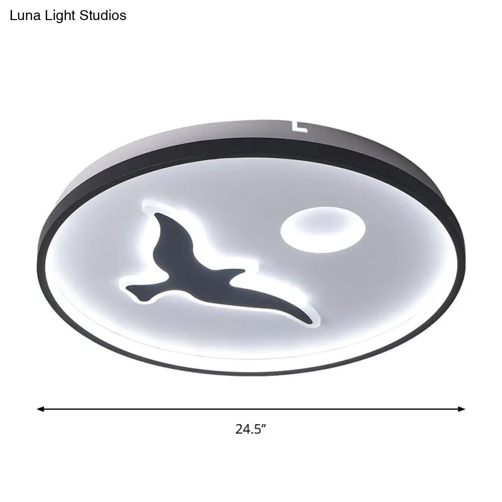 Nordic Style Rounded Metal Flush Light - Led Black Mount With Bird And Sun Pattern In Warm/White