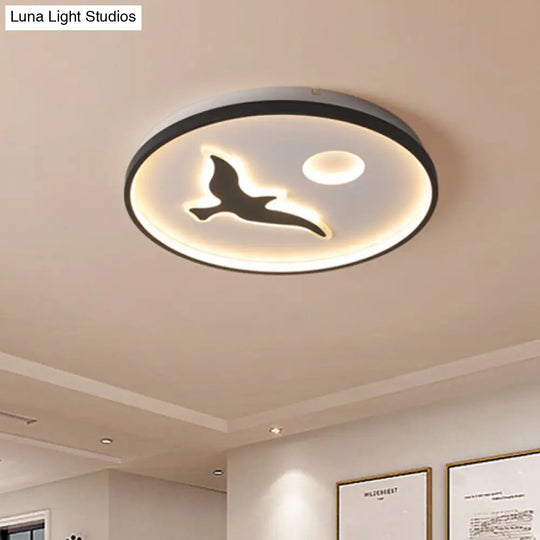 Nordic Style Rounded Metal Flush Light - Led Black Mount With Bird And Sun Pattern In Warm/White