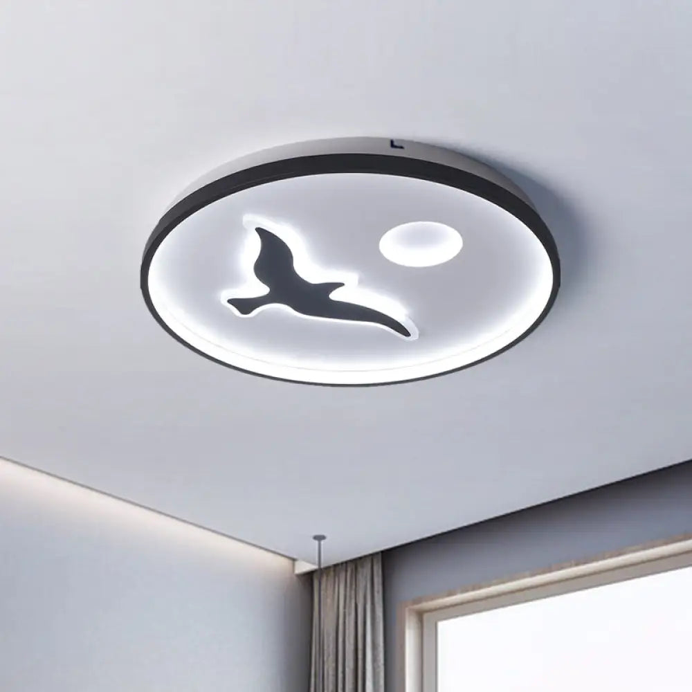 Nordic Style Rounded Metal Flush Light - Led Black Mount With Bird And Sun Pattern In Warm/White