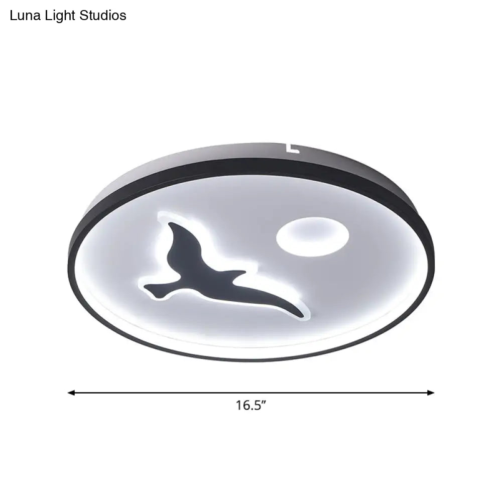 Nordic Style Rounded Metal Flush Light - Led Black Mount With Bird And Sun Pattern In Warm/White