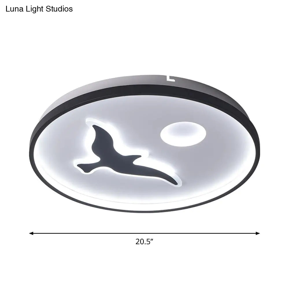 Nordic Style Rounded Metal Flush Light - Led Black Mount With Bird And Sun Pattern In Warm/White