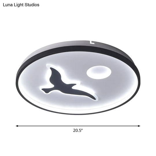 Nordic Style Rounded Metal Flush Light - Led Black Mount With Bird And Sun Pattern In Warm/White