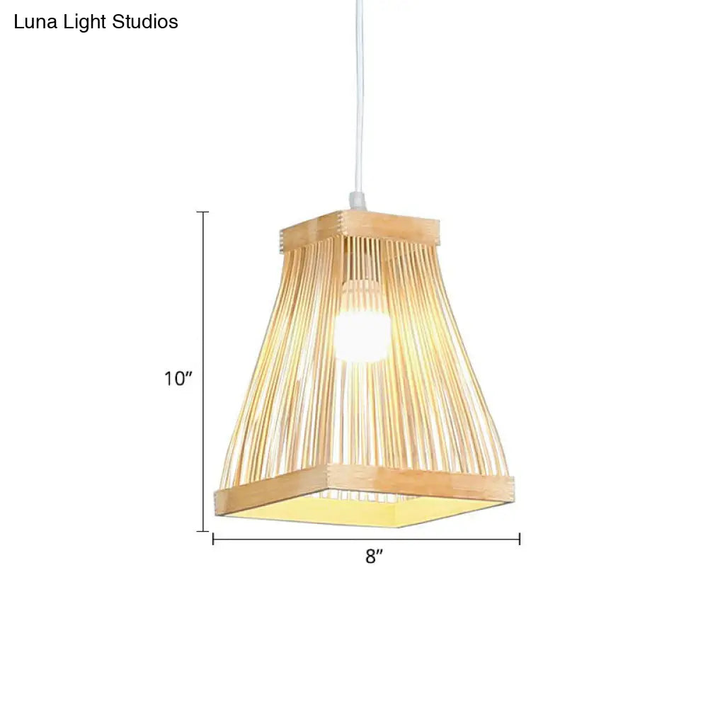 Nordic Style Bamboo Bedside Pendant Lamp With Wood Accents - Trapezoid Shape 1 Bulb