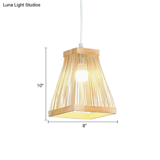 Nordic Style Bamboo Bedside Pendant Lamp With Wood Accents - Trapezoid Shape 1 Bulb