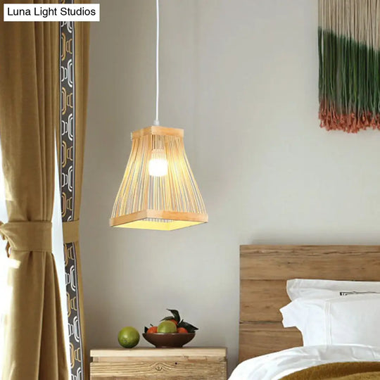 Nordic Style Bamboo Bedside Pendant Lamp With Wood Accents - Trapezoid Shape 1 Bulb