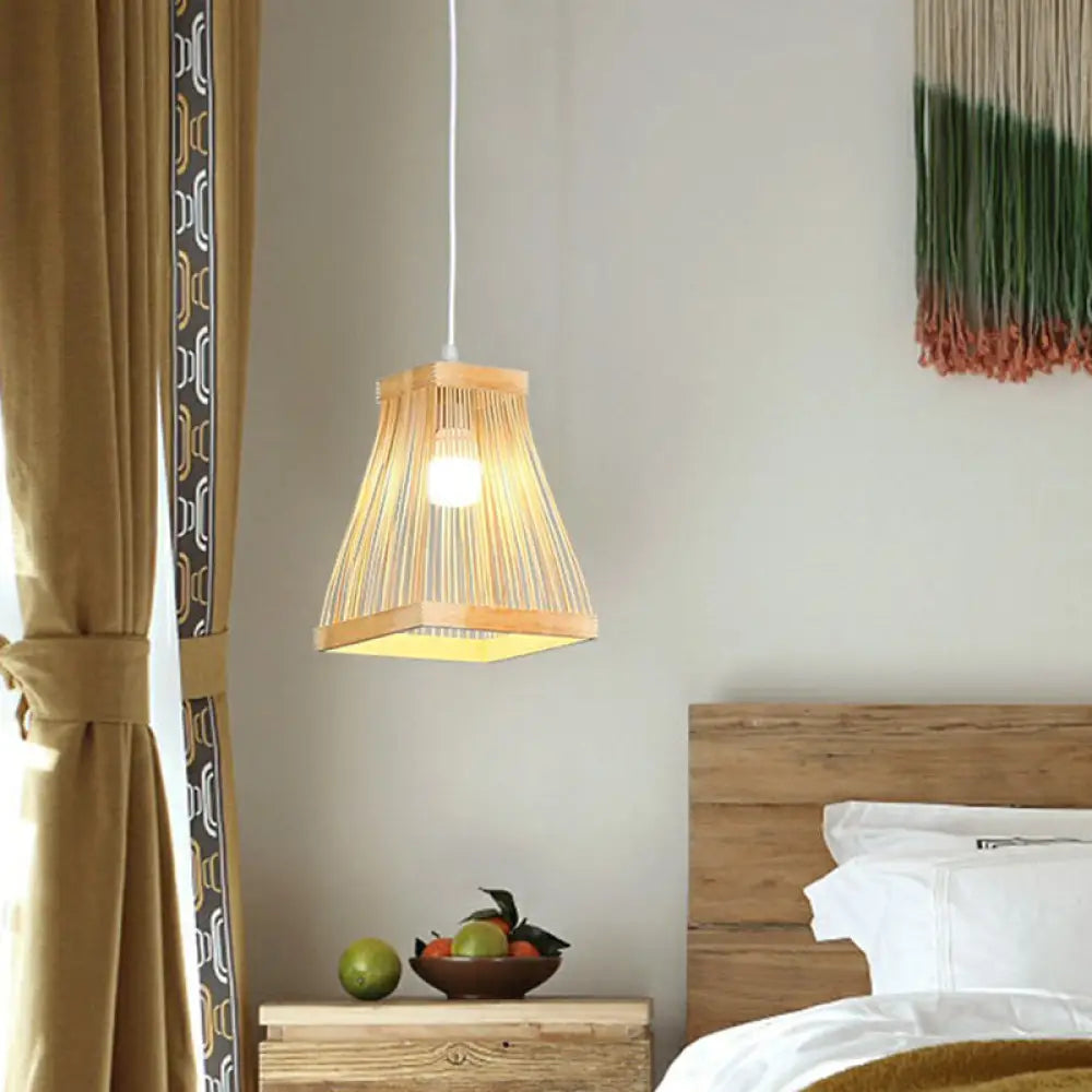 Nordic Style Trapezoid Bamboo Bedside Pendant Lamp - Wood Finish 1 Bulb