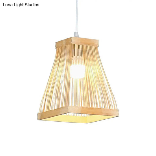 Nordic Style Bamboo Bedside Pendant Lamp With Wood Accents - Trapezoid Shape 1 Bulb