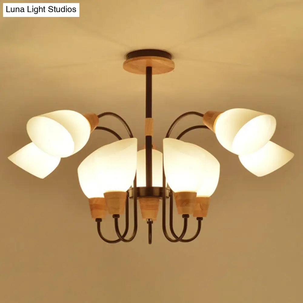 Nordic Style Tulip Chandelier - Cream Glass Pendant Light In Black & Wood