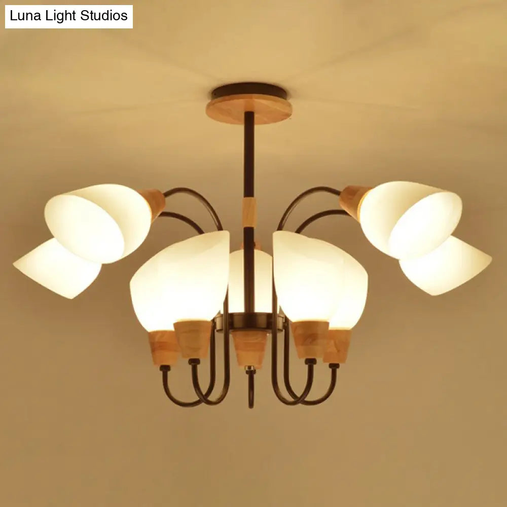 Nordic Style Tulip Chandelier With Cream Glass And Wooden Accent
