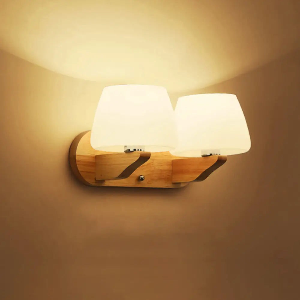 Nordic Style White Glass Bud Wall Sconce Lamp With Wooden Backplate - Modern Lighting Fixture 2 /