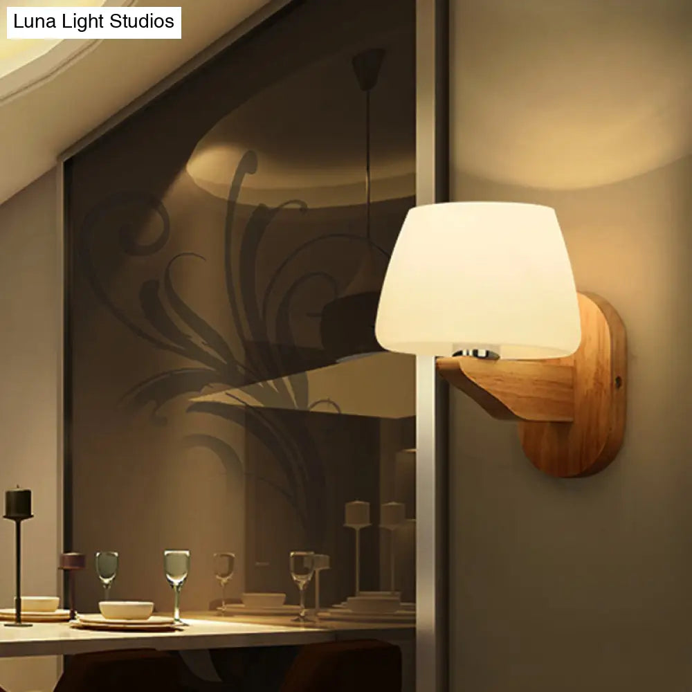 Nordic Style White Glass Bud Wall Sconce Lamp With Wooden Backplate - Modern Lighting Fixture