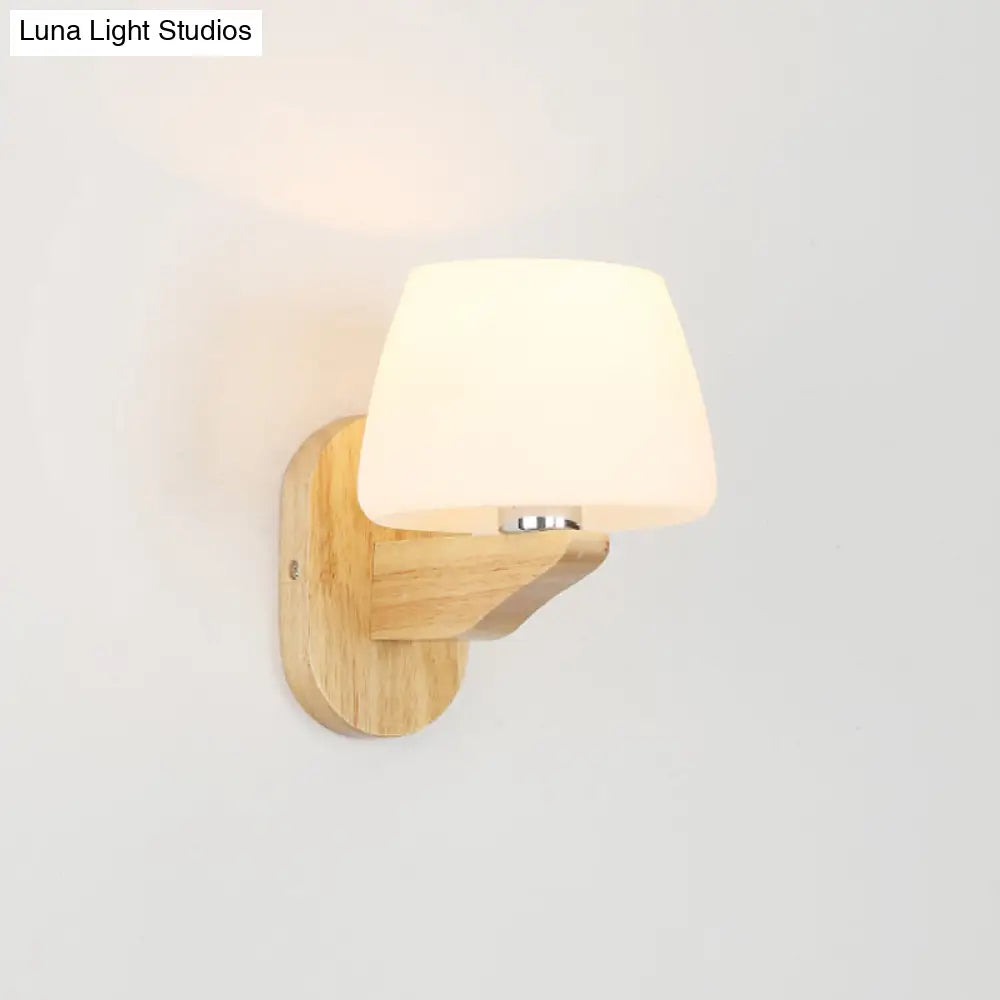 Nordic Style White Glass Bud Wall Sconce Lamp With Wooden Backplate - Modern Lighting Fixture