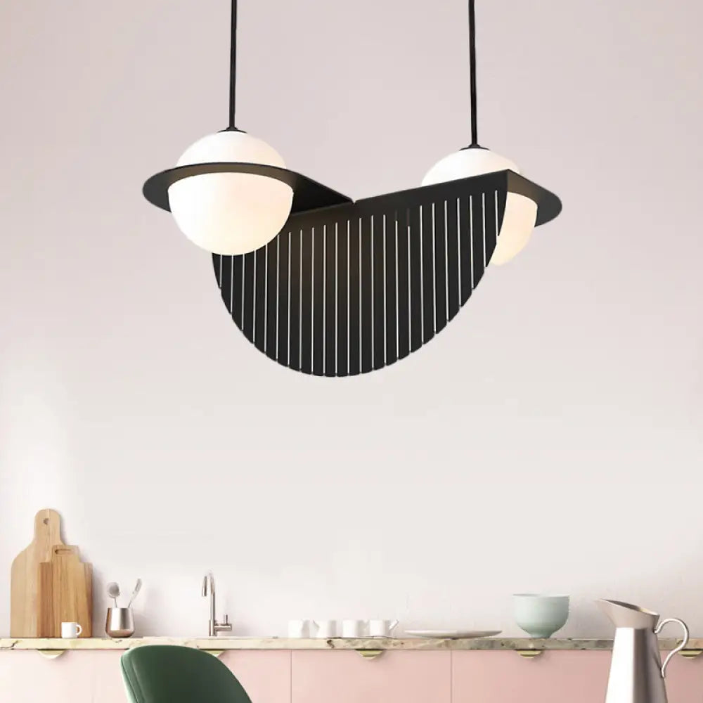 Nordic Style White Glass Ceiling Lamp With Black Suspension – 2 Bulbs Semicircle Décor