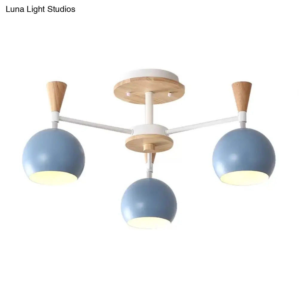 Nordic Style Wood And Metal Ceiling Light 3-Light Semi Flush Mount With Orb Shade For Kids Bedroom 3